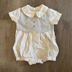 Vintage Alexis USA Romper Baby 3M Cream Striped Linen Blend Peter Pan Collar